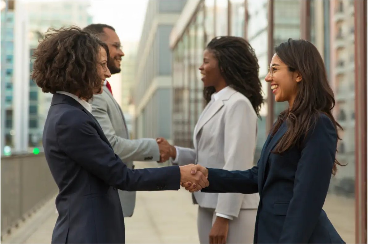 Two professionals shaking hands after a successful placement