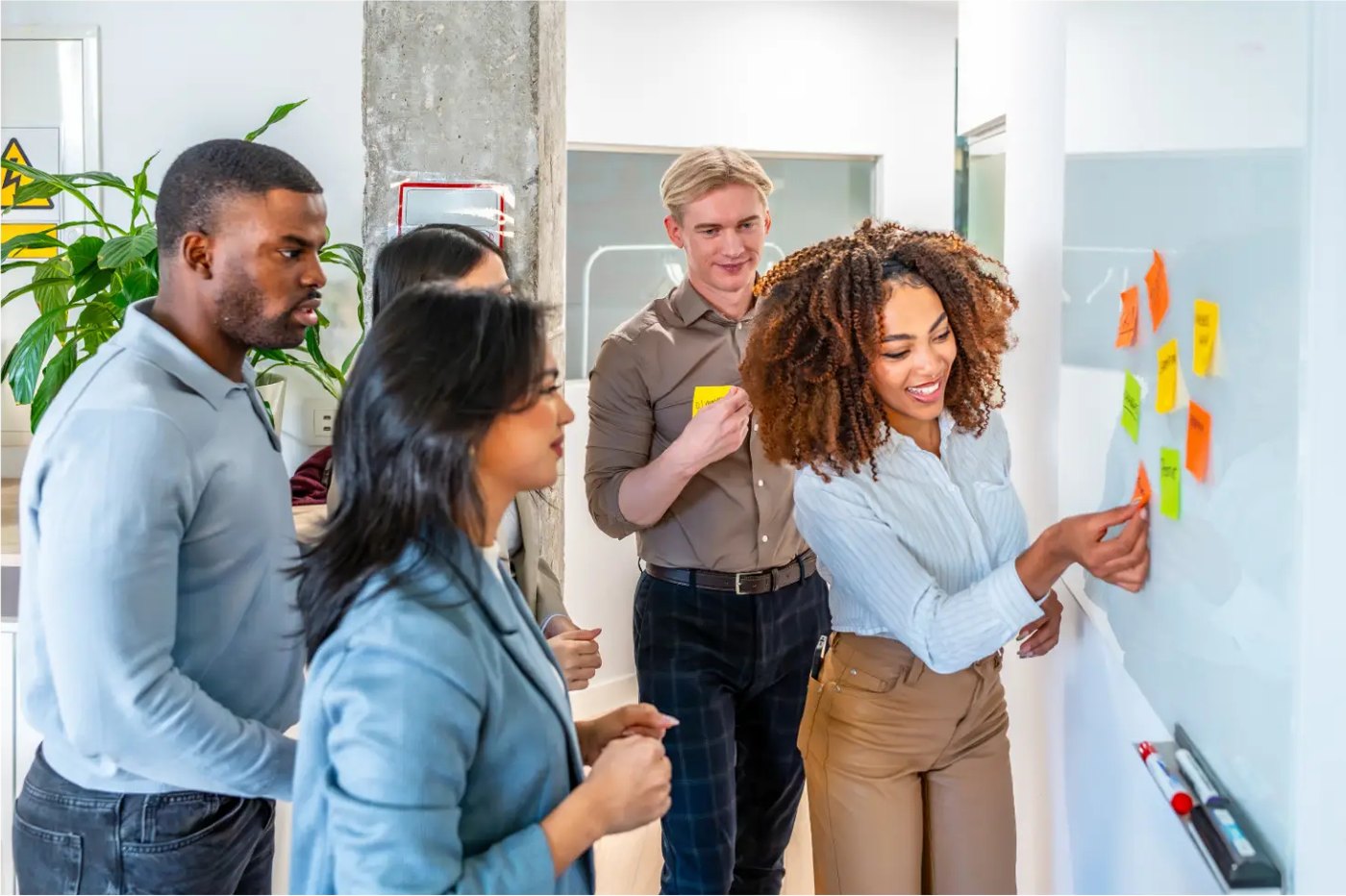 Team of professionals collaborating at a whiteboard