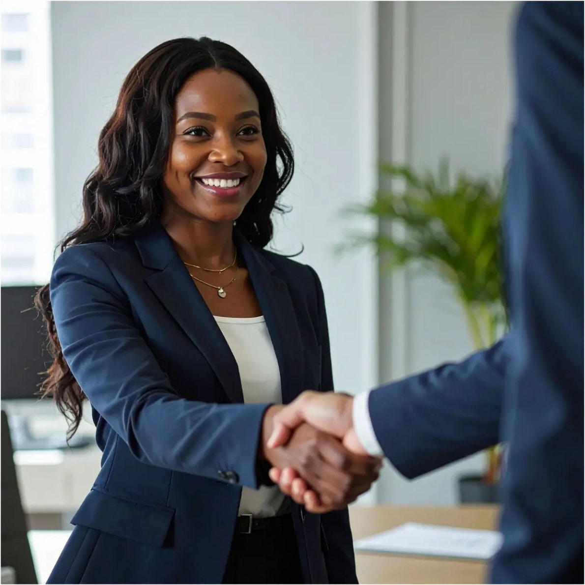 Hiring manager shaking hands with a placed candidate in an office
